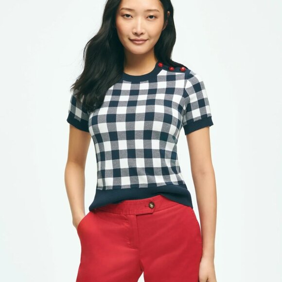 NWT BROOKS BROTHERS Gingham Ladybug Button-Shoulder Short-Sleeve Sweater Navy M - Picture 1 of 10